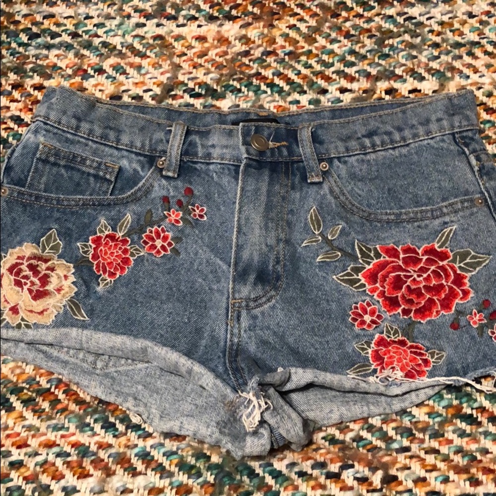 Floral Embroidered Jean Shorts